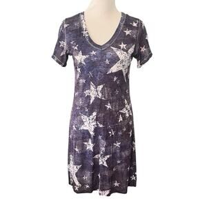 David Cline Star Print Dress •M• Short Sleeve Grey Black Moon Crushed 5927 EXC